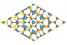 Geometry of the two-dimensional graphene/MoS₂ structure from the study (the green frame indicates the boundaries of the periodic supercell)